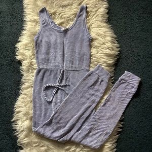 Caution to the wind navy & white striped ribbed sleeveless jumpsuit Medium